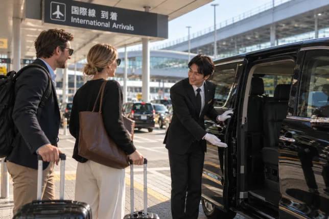 空港の到着ロビーでお客様をお出迎えする様子